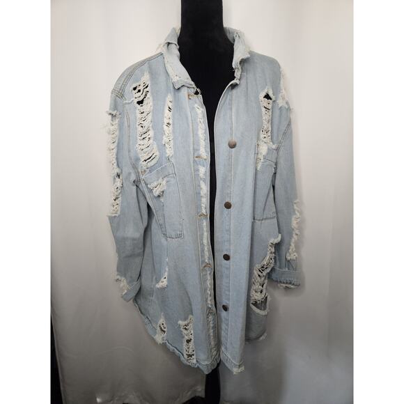 Denim Flavour Collection Womens Distressed Denim Shirt Small Oversized Long - Picture 1 of 7